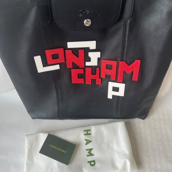 Longchamp Le Pliage Cuir LGP Graffiti Leather Tote Black Graphic Shoulder Bag - Picture 6 of 10